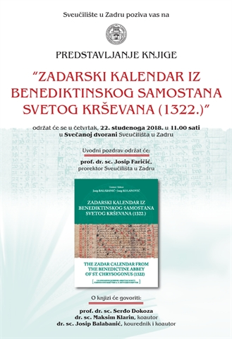 Poziv na predstavljanje knjige „Zadarski kalendar iz benediktinskog samostana svetog Krševana (1322.)"